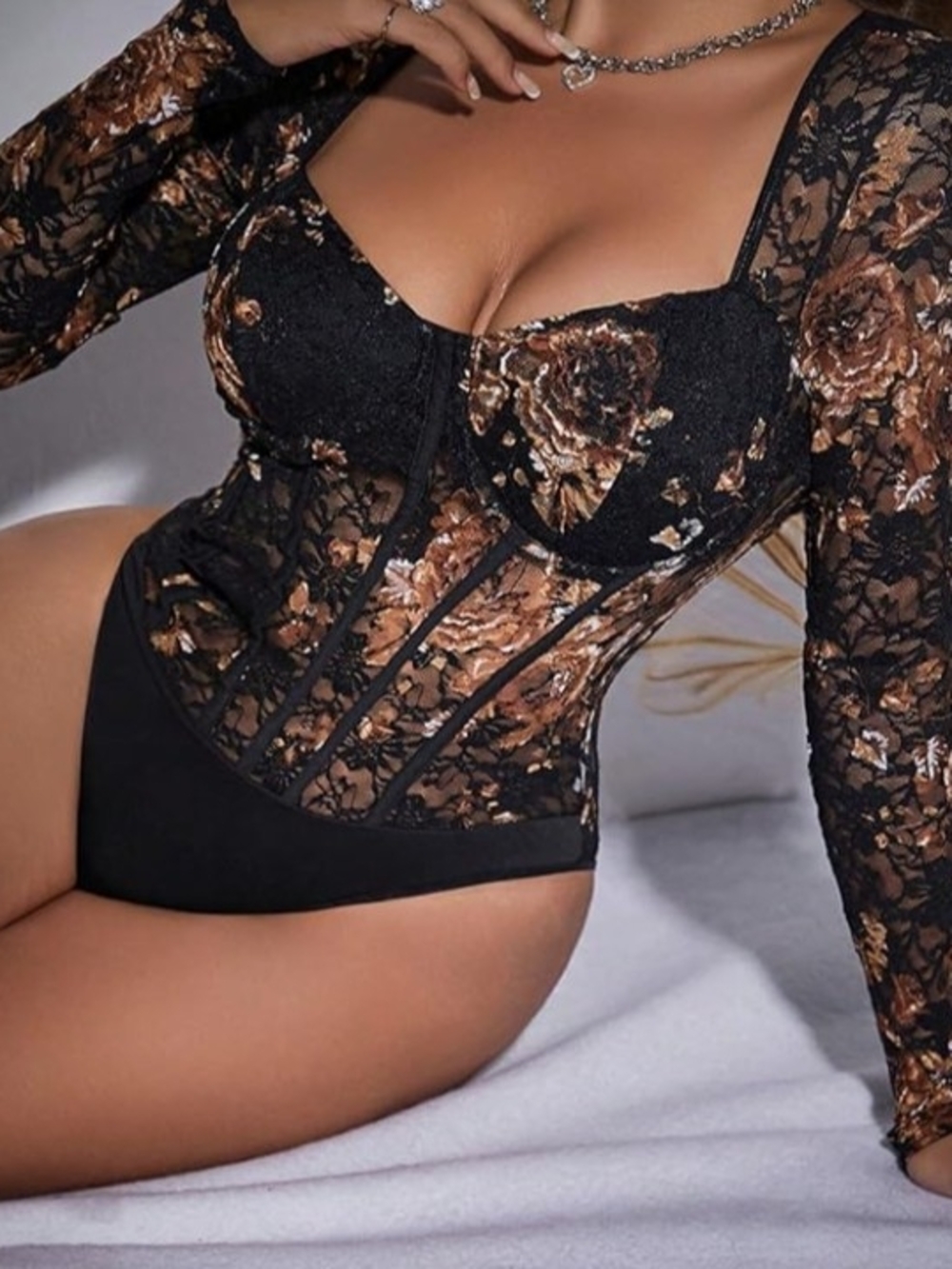 NWOT Sheer Black Lace Floral Long Sleeve Corset Baddie Bodysuit, Medium